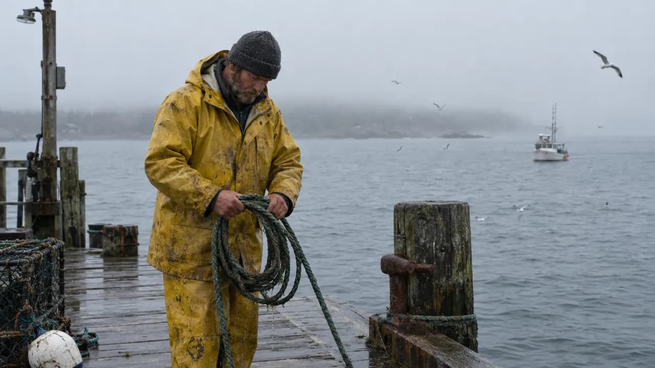 A fisherman in a worn yellow oilskin jacket and dark wool hat coils a wet green rope on a wooden pier, grey sea, low fog and a small boat behind him