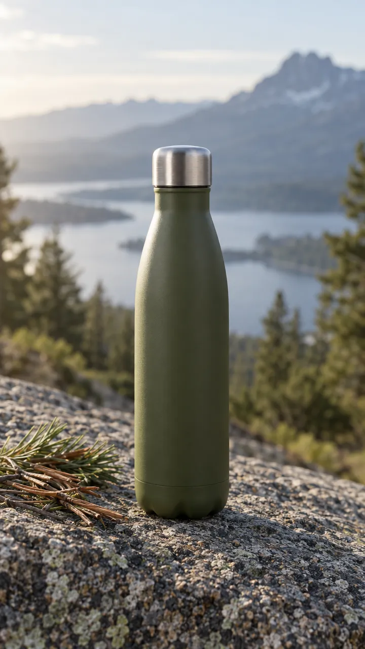 A matte olive-green insulated steel bottle with a brushed steel cap standing on a lichen-covered granite ledge beside pine needles, a lake and mountains blurred behind