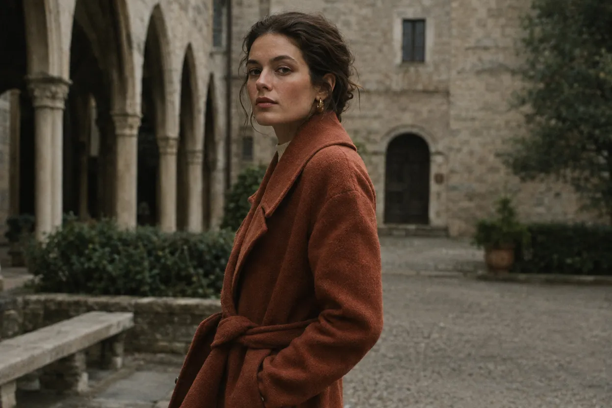A woman with dark hair pinned back, in a rust-colored wool coat, looks over her shoulder in a stone courtyard with arches and potted shrubs under overcast light