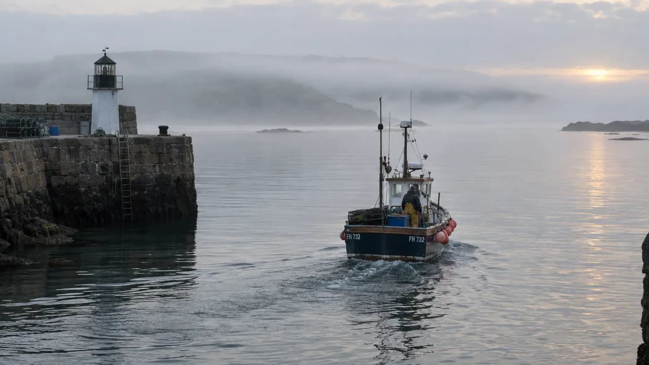 A small fishing boat leaves a stone harbor with a white lighthouse at dawn, on calm gray water under low mist