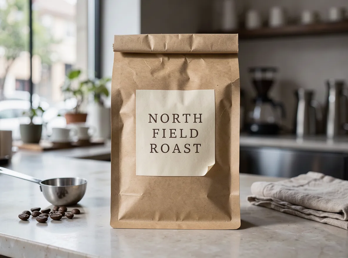 A kraft paper coffee bag with a cream label reading NORTH FIELD ROAST on a cafe counter, a measuring scoop and coffee beans beside it, soft window light