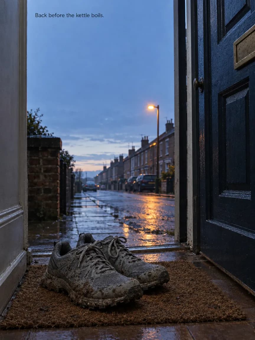 Muddy grey trail running shoes on a doormat inside a half-open navy front door, looking out to a wet terraced street at dawn under one streetlight, small headline at top left reading Back before the kettle boils.