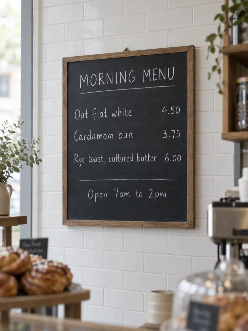 A wood-framed chalkboard on a white tiled cafe wall reading MORNING MENU, Oat flat white 4.50, Cardamom bun 3.75, Rye toast, cultured butter 6.00, Open 7am to 2pm