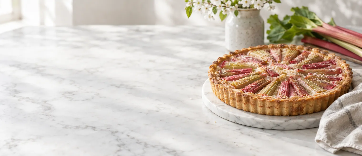 Wide email header of a rhubarb tart on a white marble counter in soft morning light, with empty marble on the left for a headline
