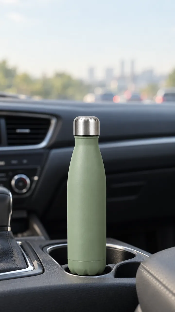 A sage-green insulated water bottle with a steel cap standing on a black gym bench next to a grey towel and dumbbells, soft light from tall windows, vertical 9:16 frame with empty space above