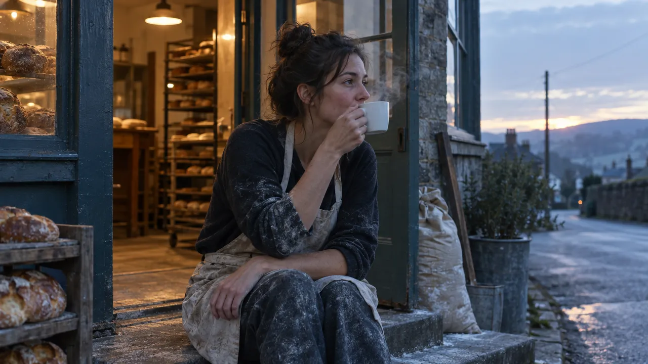 A baker in a flour-dusted apron sits on the step of a bakery at dawn holding a white coffee cup, warm light from the open door behind her and cool blue light on the street