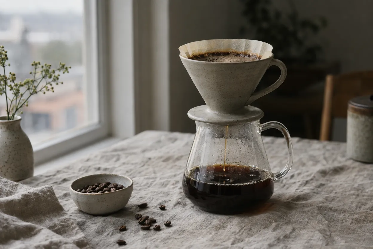 A stone-colored ceramic pour-over dripper on a glass carafe of coffee, on a creased linen tablecloth beside a window in soft overcast light, with a small bowl of coffee beans