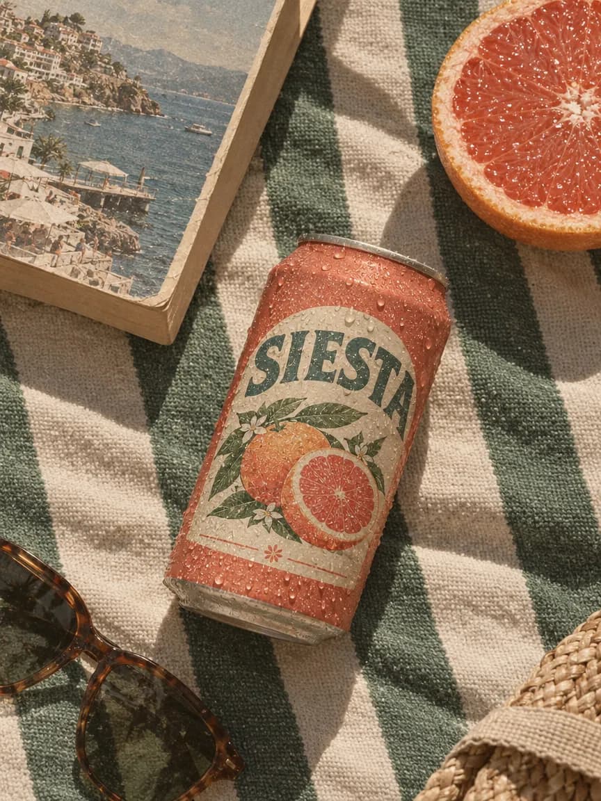 Overhead shot of a coral SIESTA grapefruit soda can on a green and cream striped beach towel, beside a paperback, half a grapefruit and sunglasses