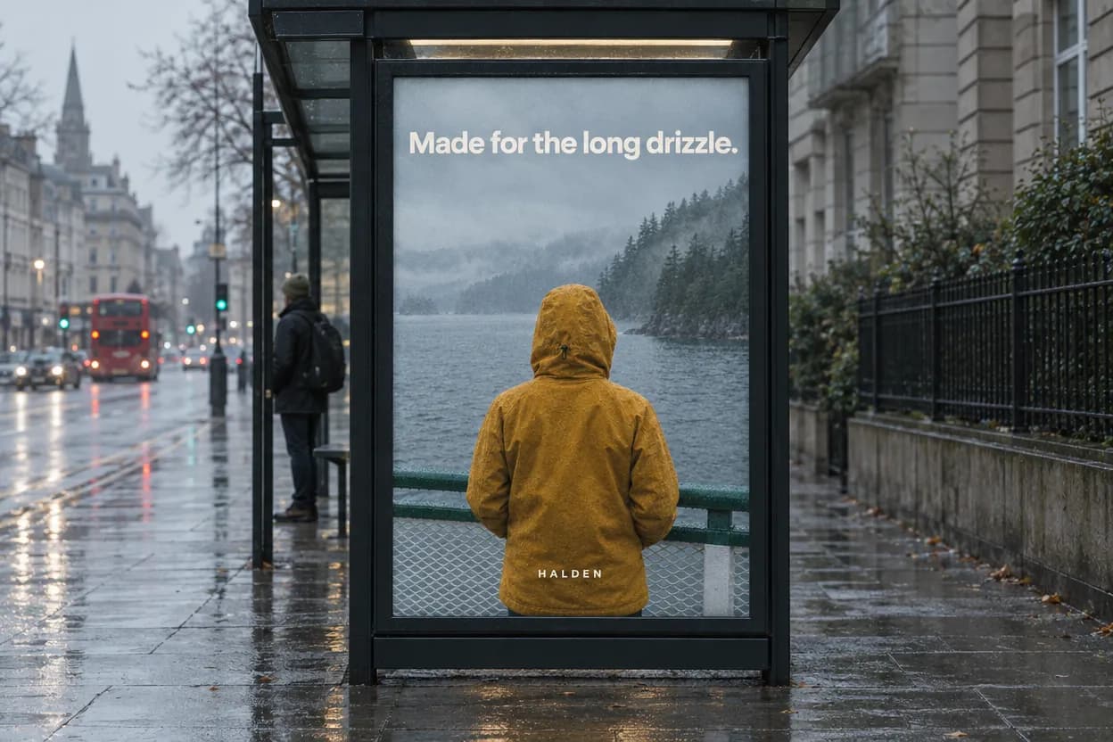 A backlit bus shelter poster on a wet city street showing a person in a mustard rain jacket at a misty ferry railing, headline Made for the long drizzle, wordmark HALDEN