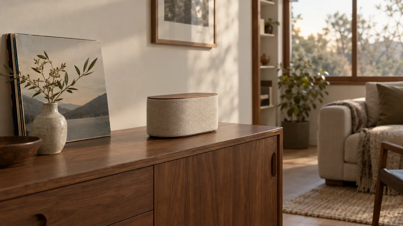 A compact speaker in oat woven fabric with a walnut top on a walnut sideboard beside a framed landscape and a stoneware vase, in a sunlit living room