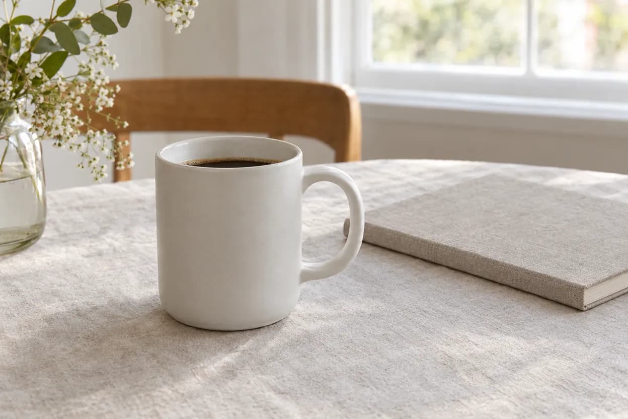A matte white ceramic mug of coffee on a pale linen tablecloth beside a closed linen notebook, with a glass vase of greenery and a window behind