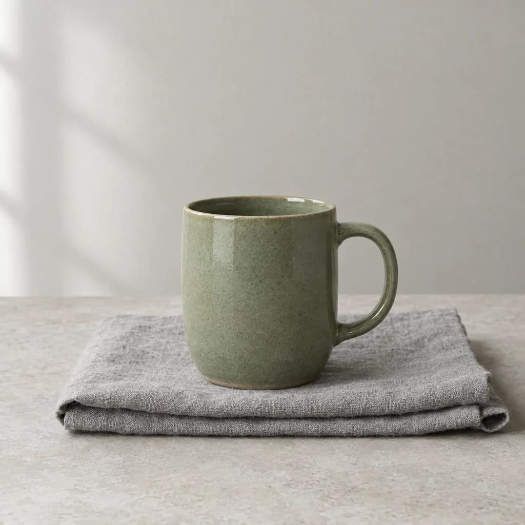 A sage green glazed stoneware mug on a folded grey linen cloth against a pale grey wall in soft daylight