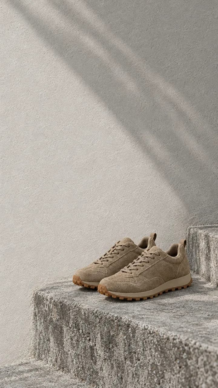 Vertical 9:16 reframe: tan suede sneakers with gum soles on a weathered concrete step in the lower half, a pale plaster wall with a soft diagonal shadow filling the top