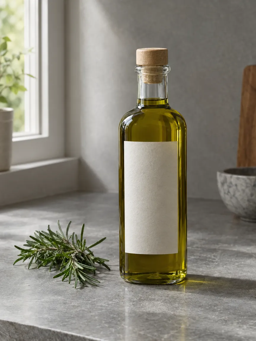 A glass bottle of olive oil with a cork and a blank paper label on a gray stone countertop beside a sprig of rosemary, in soft window light