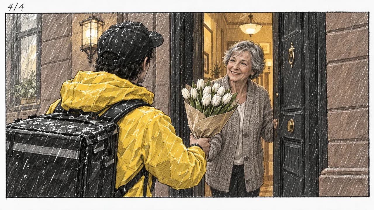 Pencil storyboard frame 4 of 4: over the shoulder of a courier in a yellow rain jacket and black cap handing white tulips to a smiling older woman at a brownstone door