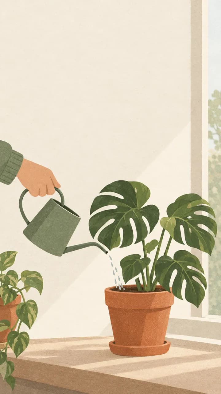 Flat illustration in sage, terracotta and off-white: a hand pours water from a green watering can into a potted monstera on a sunlit windowsill, with empty space at the top for a headline