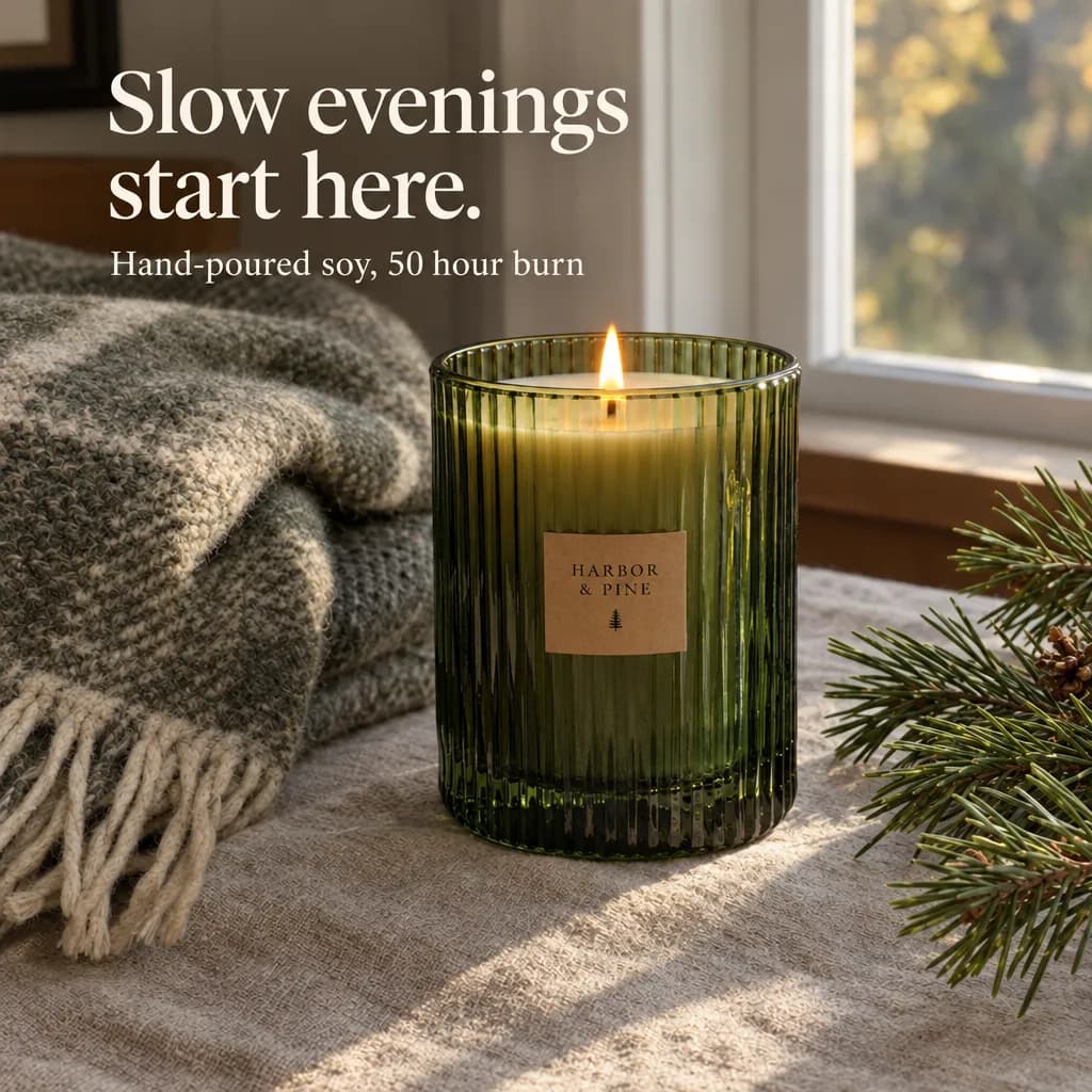 Square ad: a lit candle in a ribbed green glass tumbler labeled HARBOR & PINE beside a grey wool blanket and a pine sprig, with the headline Slow evenings start here. and the line Hand-poured soy, 50 hour burn