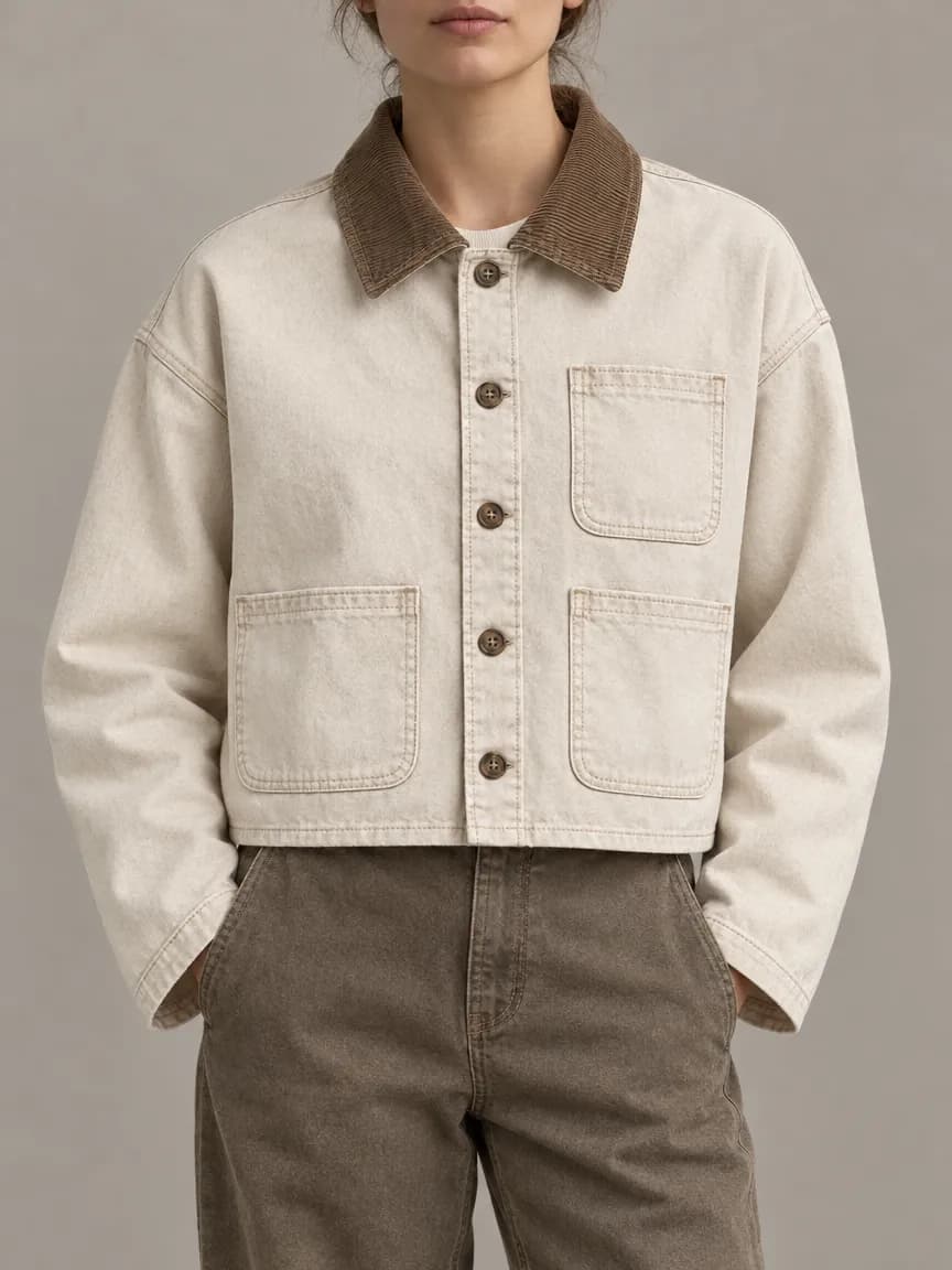A model in a cropped ecru cotton canvas chore jacket with a brown corduroy collar, horn buttons and three patch pockets, standing against a warm grey wall