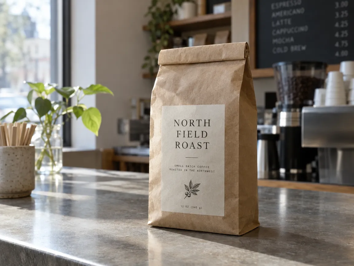 A kraft paper coffee bag with a cream label reading NORTH FIELD ROAST standing on a stone cafe counter, a plant and espresso equipment soft in the background