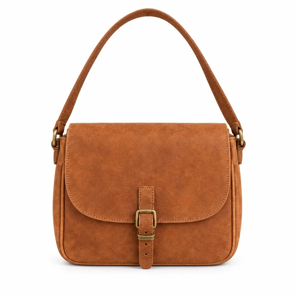 Main product image: a tan leather crossbody bag shown straight on against a pure white background, flap closed with a brass buckle, strap arched above it