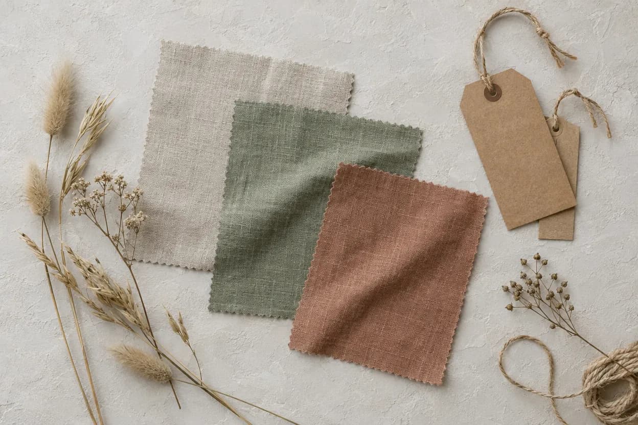 Flat lay of linen fabric swatches in oat, sage and clay with blank kraft paper tags on string and dried grasses on a pale plaster surface