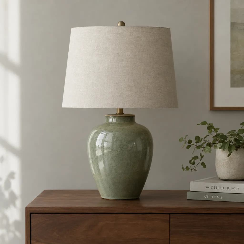 A ceramic table lamp with a sage green crackle glaze and a linen shade on a walnut sideboard, beside a small plant and stacked books, against a warm gray wall in soft daylight
