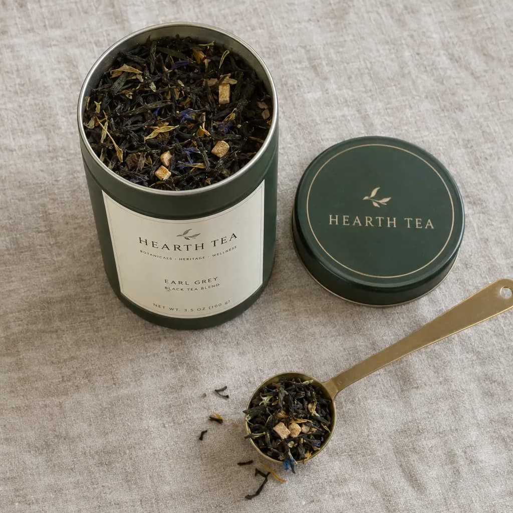 Top-down photo of an open dark green tea tin labelled HEARTH TEA Earl Grey full of loose tea, its green lid and a brass scoop of tea on grey linen