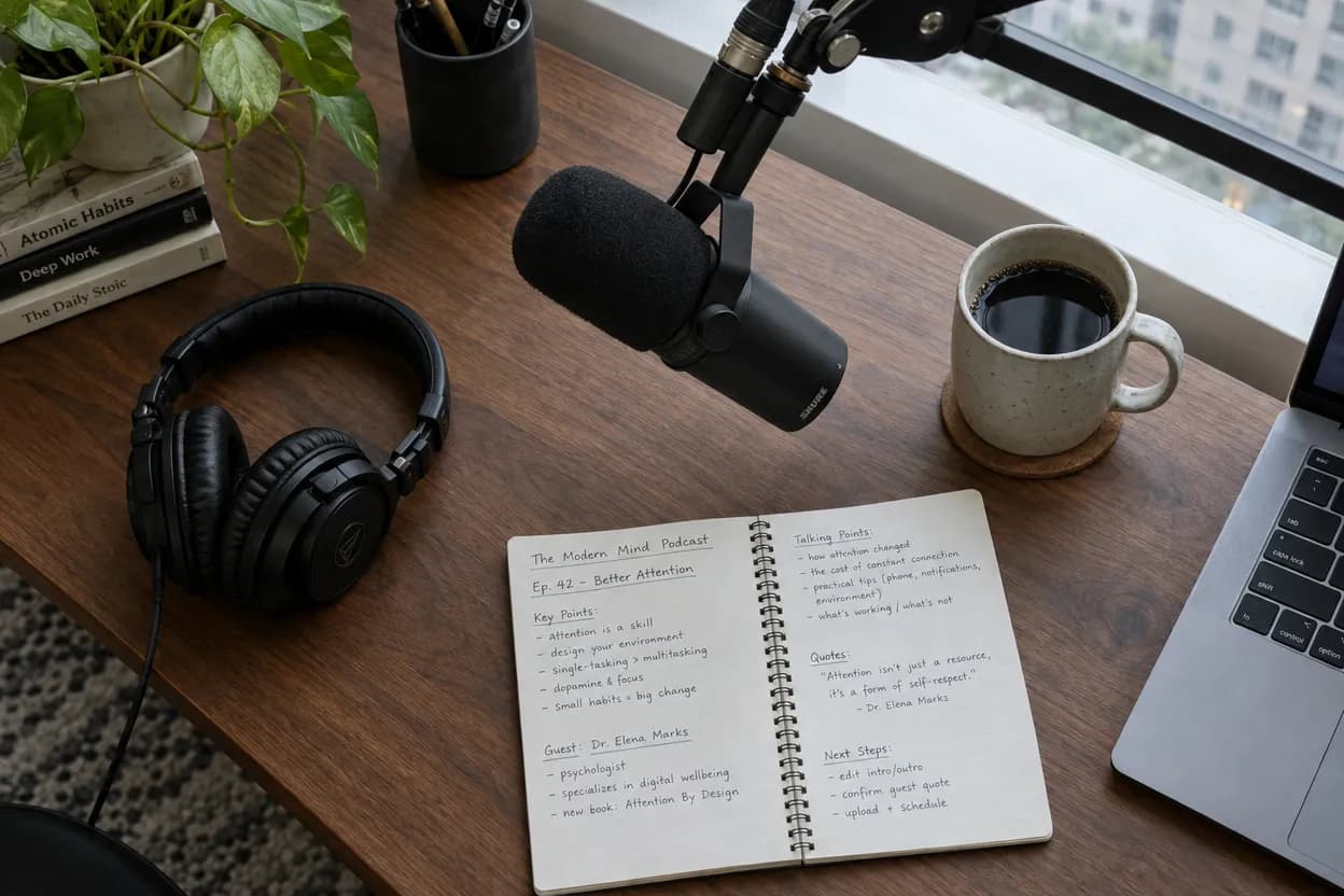 High-angle photo of a walnut desk with a black microphone on a boom arm, closed-back headphones, an open notebook of handwritten notes and a mug of black coffee by a window