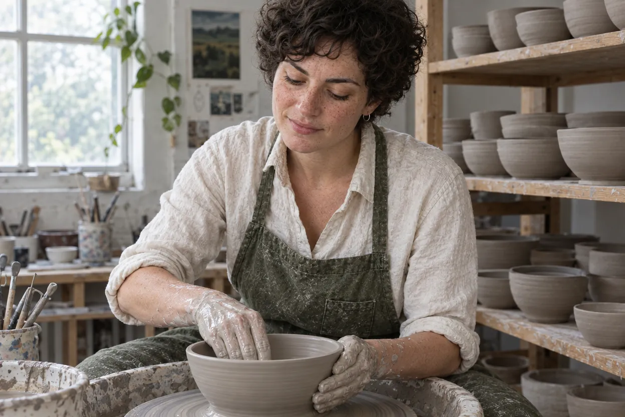 A woman with short dark curly hair and freckles, in an olive green apron and cream linen shirt, shaping a clay bowl on a pottery wheel in a studio lined with shelves of unglazed bowls