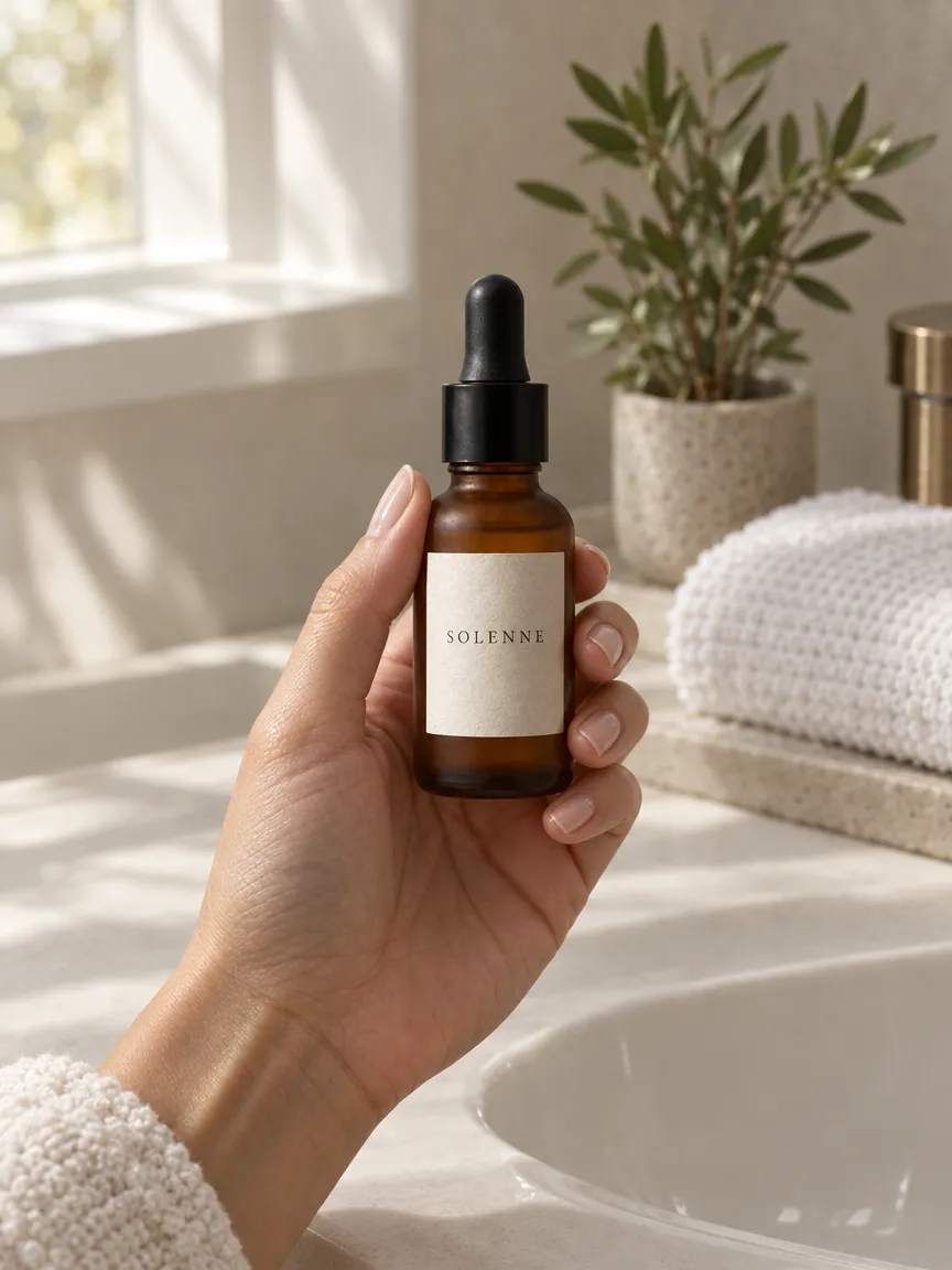 A hand holding a small amber glass serum bottle with a black dropper and a cream label reading SOLENNE above a white bathroom sink, with a folded towel and a potted plant behind