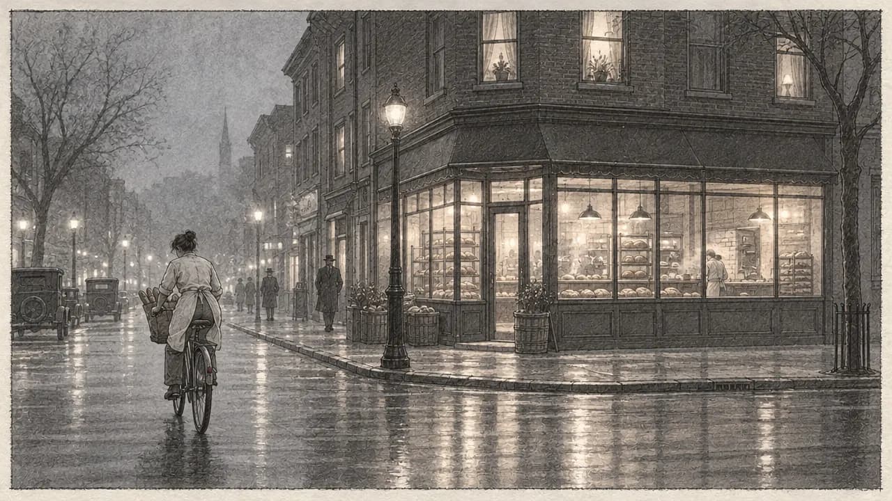 Pencil storyboard frame: a wide view of a corner bakery glowing on a wet street, a cyclist with a basket riding away under street lamps