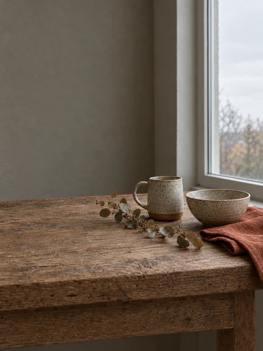 A speckled stoneware mug and bowl on a worn oak table beside a window, with a eucalyptus sprig and a rust linen napkin, in soft overcast light, framed as a 3:4 portrait