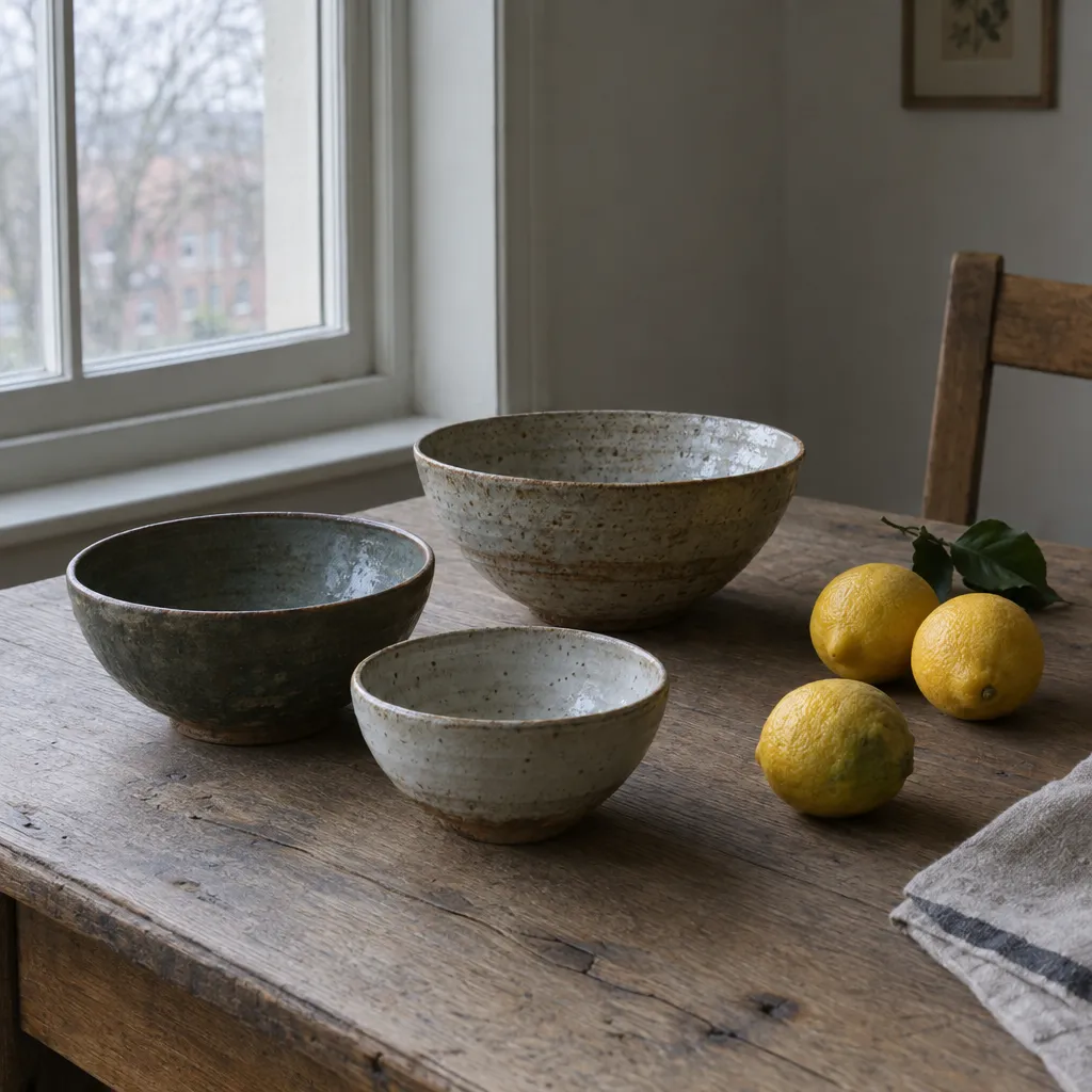 Three speckled handmade ceramic bowls and three lemons with leaves on a weathered oak table beside a window, in soft overcast daylight