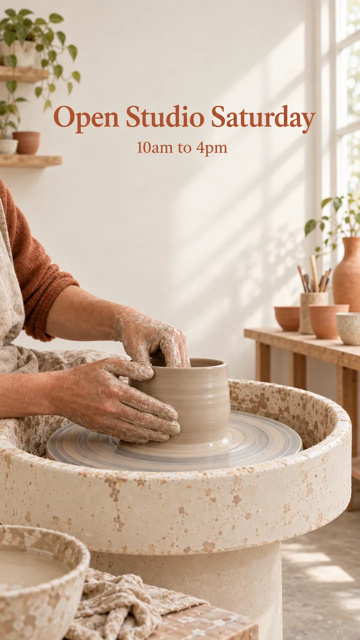 Vertical social story: a potter's hands shaping a clay cylinder on a wheel in a bright studio, with the serif headline Open Studio Saturday and 10am to 4pm near the top