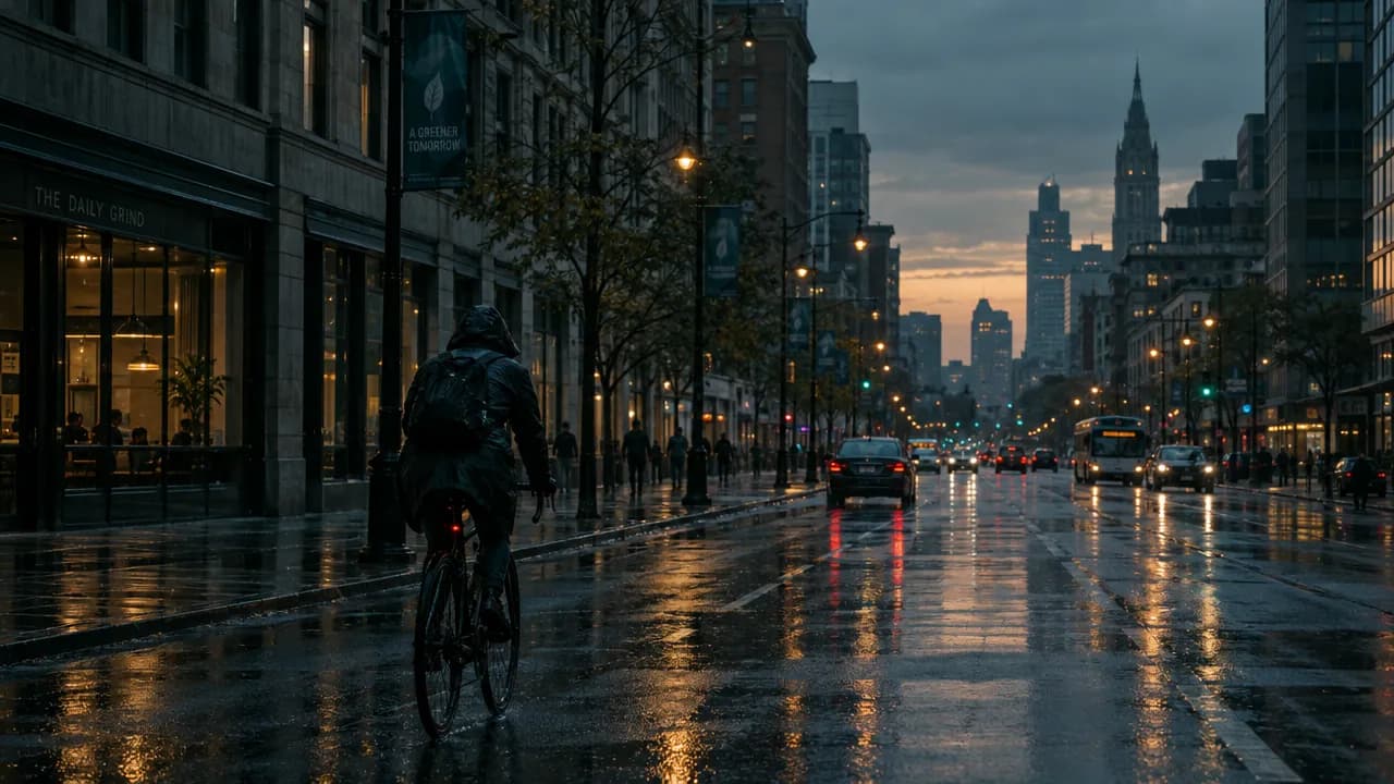 A cyclist in a dark raincoat rides down a rain-wet city street at dusk, with streetlight reflections on the asphalt and a skyline under a gray and amber sky
