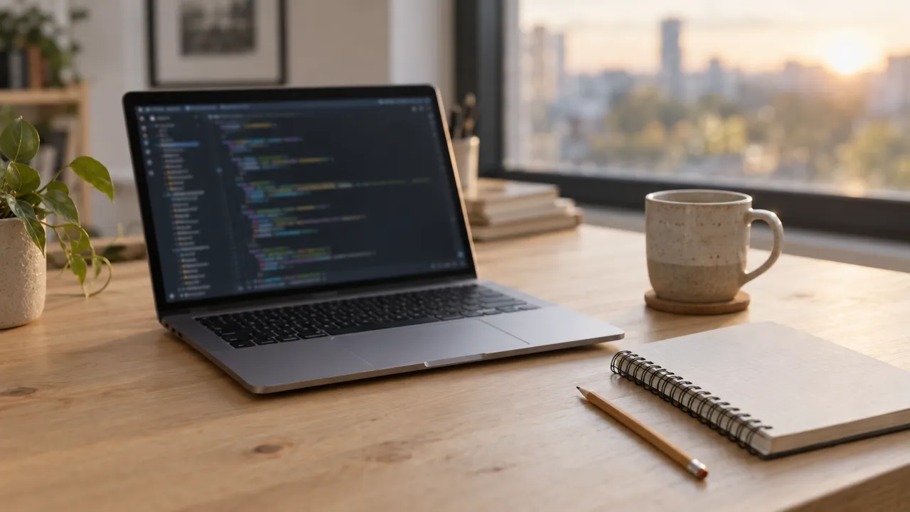 An open laptop showing a code editor on a light wooden desk with a spiral notebook, a pencil, a ceramic mug and a plant, in front of a window with a city skyline at sunset