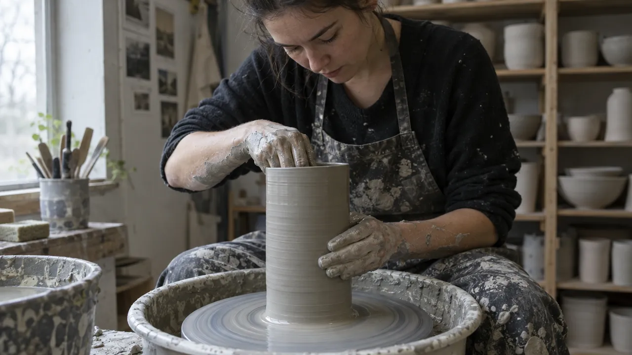 A ceramicist in a clay-splattered apron shapes a tall cylinder of wet grey clay on a potter's wheel, shelves of unglazed pots behind her in soft window light