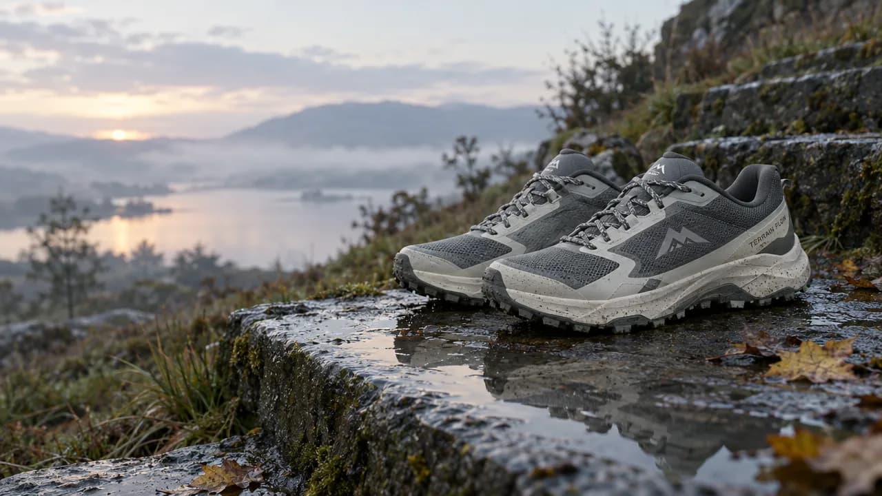 A pair of grey and off-white trail running shoes on a wet stone step above a misty lake at dawn, with a puddle and fallen leaves in the foreground
