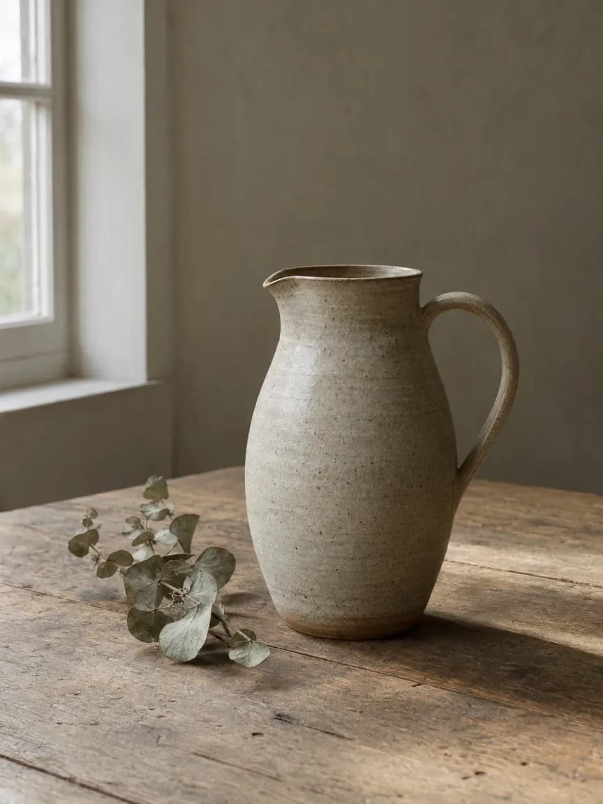 A matte oatmeal stoneware pitcher on a weathered oak table beside a window, with a sprig of dried eucalyptus lying to its left in soft side light