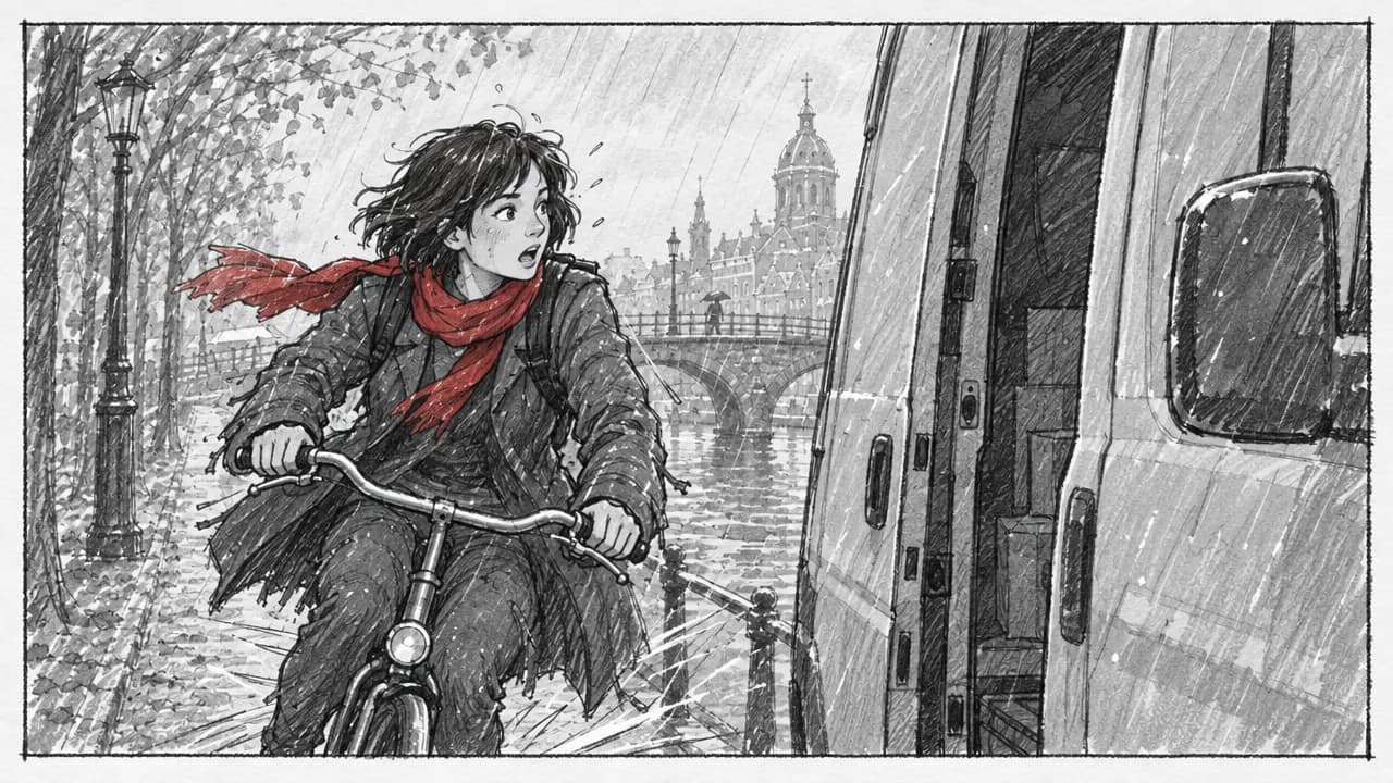 Pencil storyboard panel: a young woman with short dark hair and a red scarf brakes on her bicycle as a white van door swings open beside her on a rainy canal path