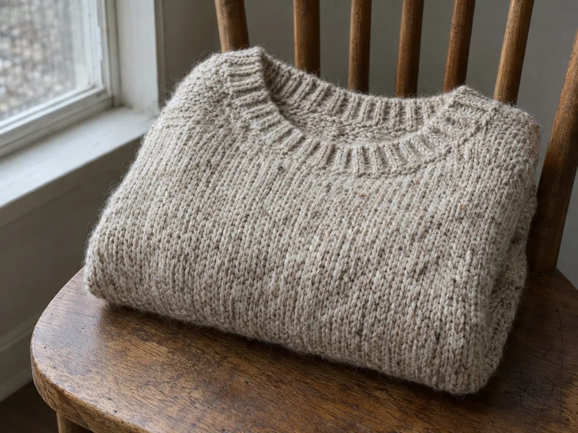 A folded oatmeal wool crew-neck sweater on a wooden chair seat beside a window in soft overcast light