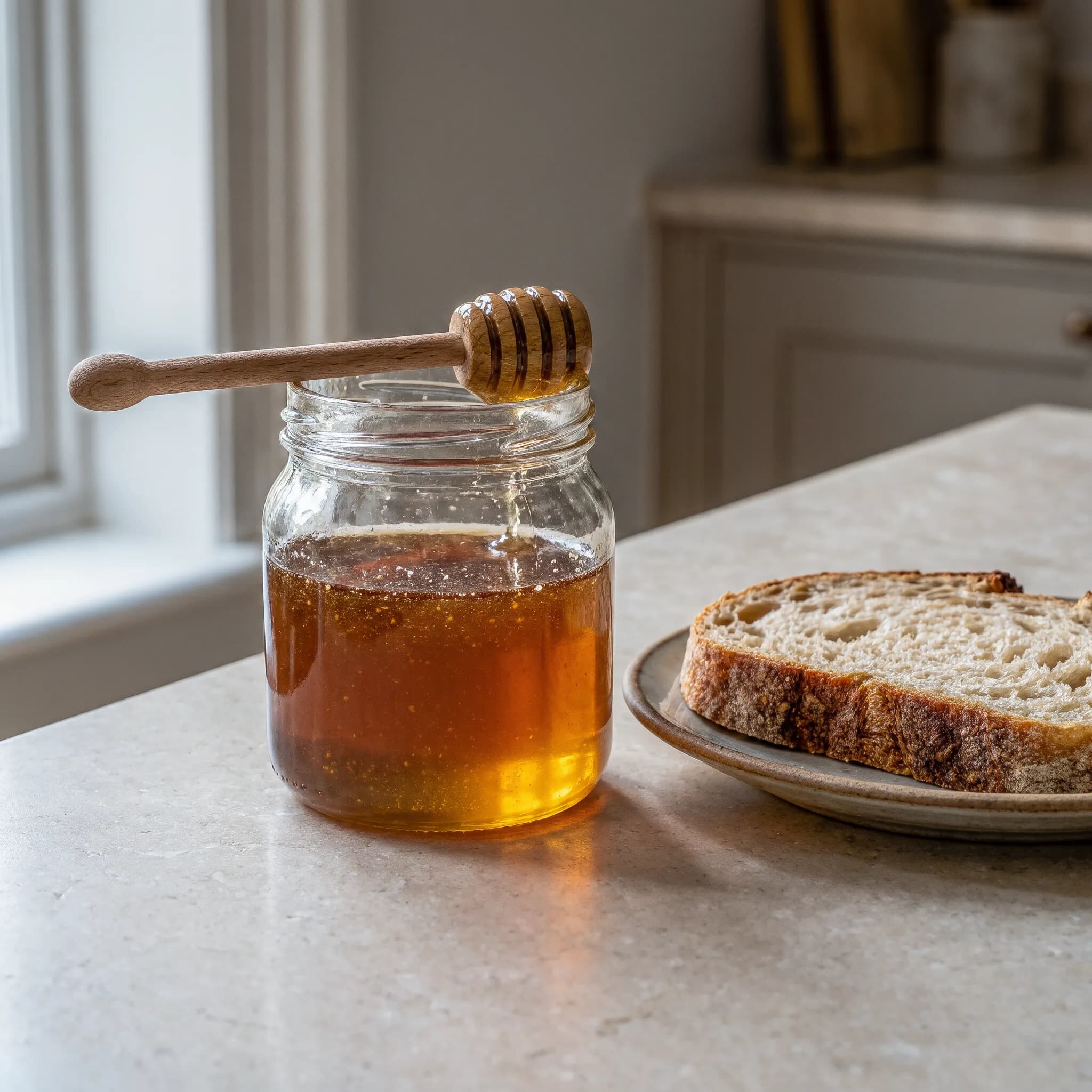 A glass jar of amber honey with a wooden honey dipper above the open jar, on a pale stone kitchen counter beside a plate with a slice of sourdough toast, soft window light