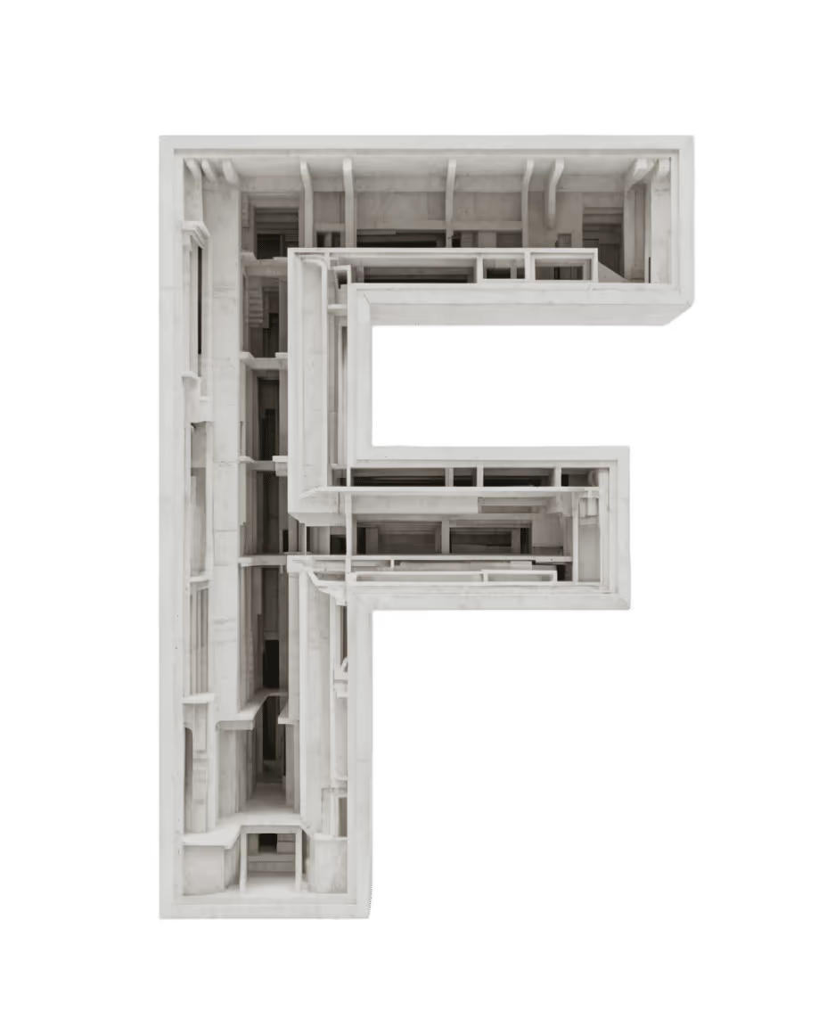The capital F as a sculpture: concrete galleries, on white