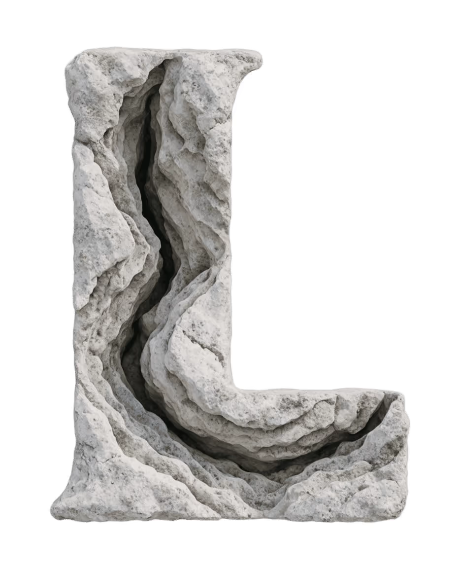 The capital L as a sculpture: carved limestone, on white
