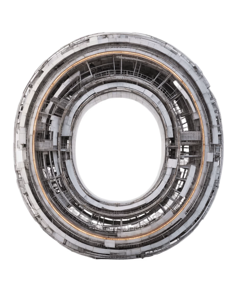 The capital O as a sculpture: layered reactor, on white