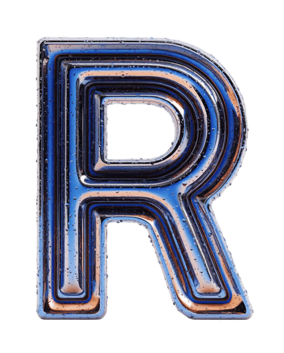 The capital R as a monumental sculpture in wet cobalt chrome, on white