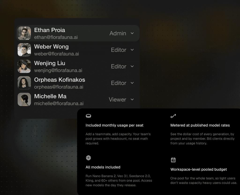 A workspace member list with Admin, Editor and Viewer roles, beside pooled usage settings
