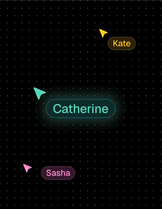 Three teammates' cursors, labelled Kate, Catherine and Sasha, moving on one shared FLORA canvas