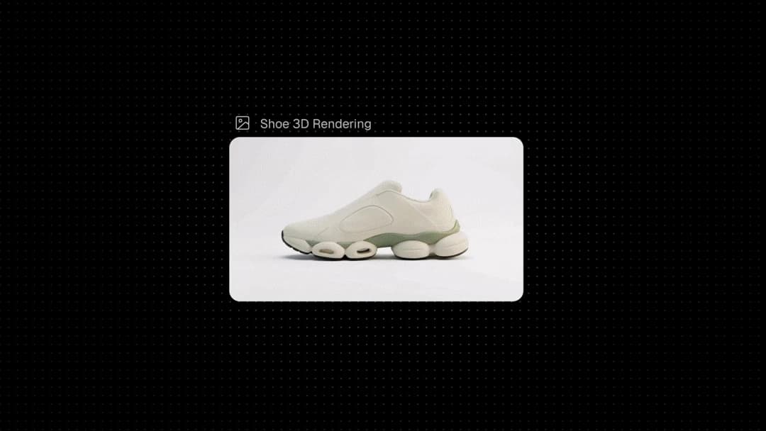 A FLORA canvas node called Shoe 3D Rendering, showing a white sneaker render.