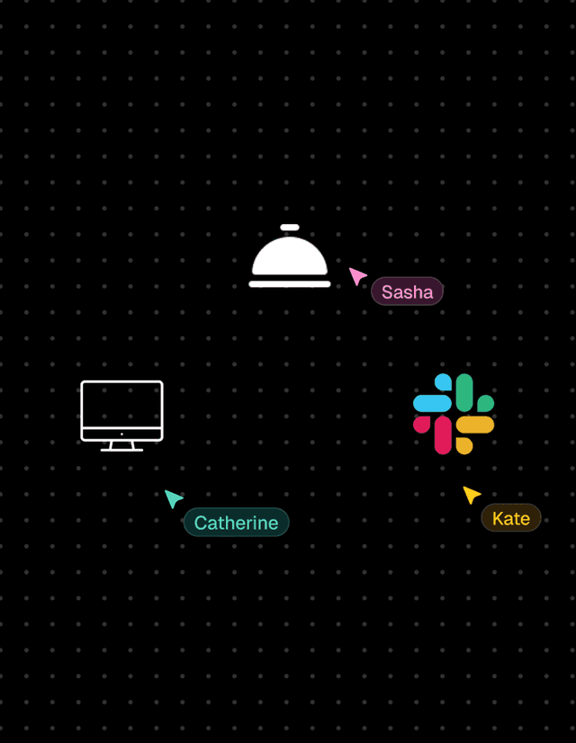 Notification, desktop and Slack icons on a shared canvas, with teammate cursors beside them